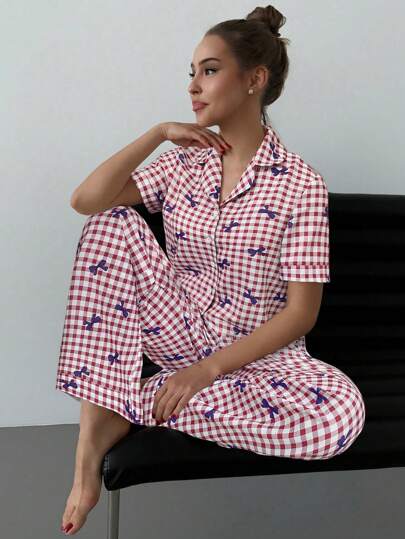 Aloruh 2pcs Women Casual Bow Gingham Print Lapel Collar Short Sleeve Shirt And Pants Set, Summer