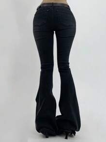 DAZY 女式时尚街头风斜插口袋修身喇叭牛仔裤低腰牛仔裤 - 黑色 - 查看 7