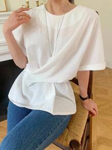 DAZY Blusa de verano con mangas cortas y lazo en la cintura, de color liso y casual para mujer - Blanco - Ver 7
