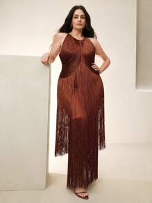 Anewsta Rochie de damă cu tiv tip boho, mărime plus, potrivită pentru festivaluri de muzică de vară, ceremonii de absolvire și ținute pentru invitați la nuntă