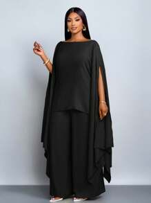 SOLERSUN 大码女装春夏时尚纯色优雅单肩时尚精致短袖不对称下摆斗篷衬衫上衣直筒宽松阔腿裤套装两件套休闲宽松度假套装女秋季衣服手帕下摆 - 黑色 - 查看 3