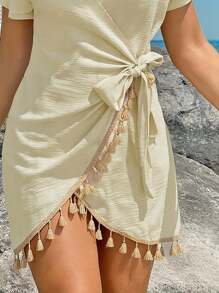 Swim Vcay 夏季新款女士流苏腰带沙滩裙透视度假连衣裙外套 - 卡其色 - 查看 3