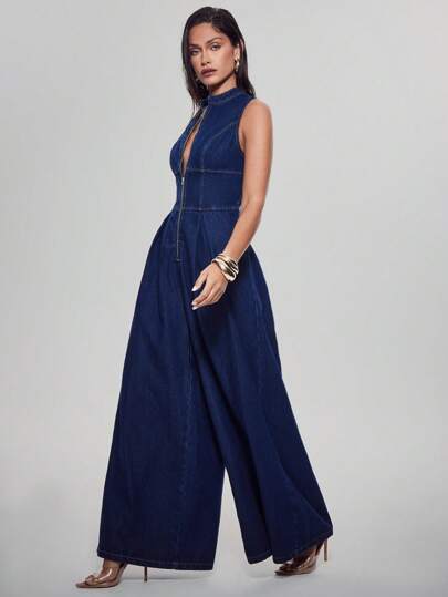 Denimoi Sleeveless Zip Front Wide Leg Denim Jumpsuit