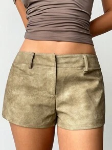 Aloruh 女士时尚宽松卡其色PU皮革迷你短裤 - 卡其色 - 查看 2