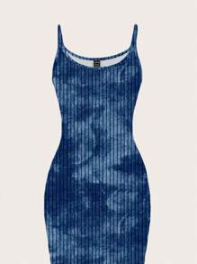 SHEIN EZwear 休闲简约街头风格海军蓝扎染印花图案紧身长裙，适合夏季旅行、外出、度假 - 彩色 - 查看 3