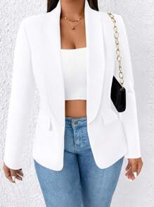 SHEIN PETITE Blazer casual fin à manches longues avec col châle en couleur unie pour grandes tailles