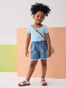 SHEIN Young Girl Lettuce Trim Knot Front Tee