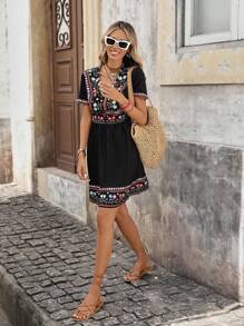 Brillora 女士 V 领墨西哥印花夏季连衣裙，适合假期