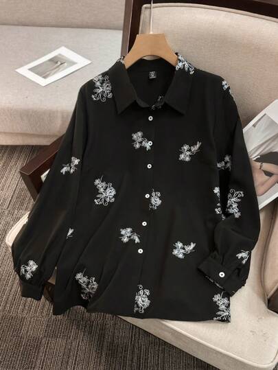 Lacomfia Plus Size Women Floral Print Long Sleeve Single-Breasted Loose Casual Shirt Fall Cloth For Women