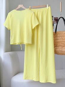 Comfortcana Women's Butter Yellow Knit Textured Short Sleeve Top And Pants Set, Vacation Two Pieces Set - Yellow - View 2