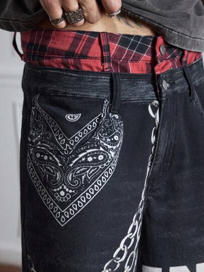 ROMWE Avant Men's Casual Retro Double Waistband Printed Denim Shorts