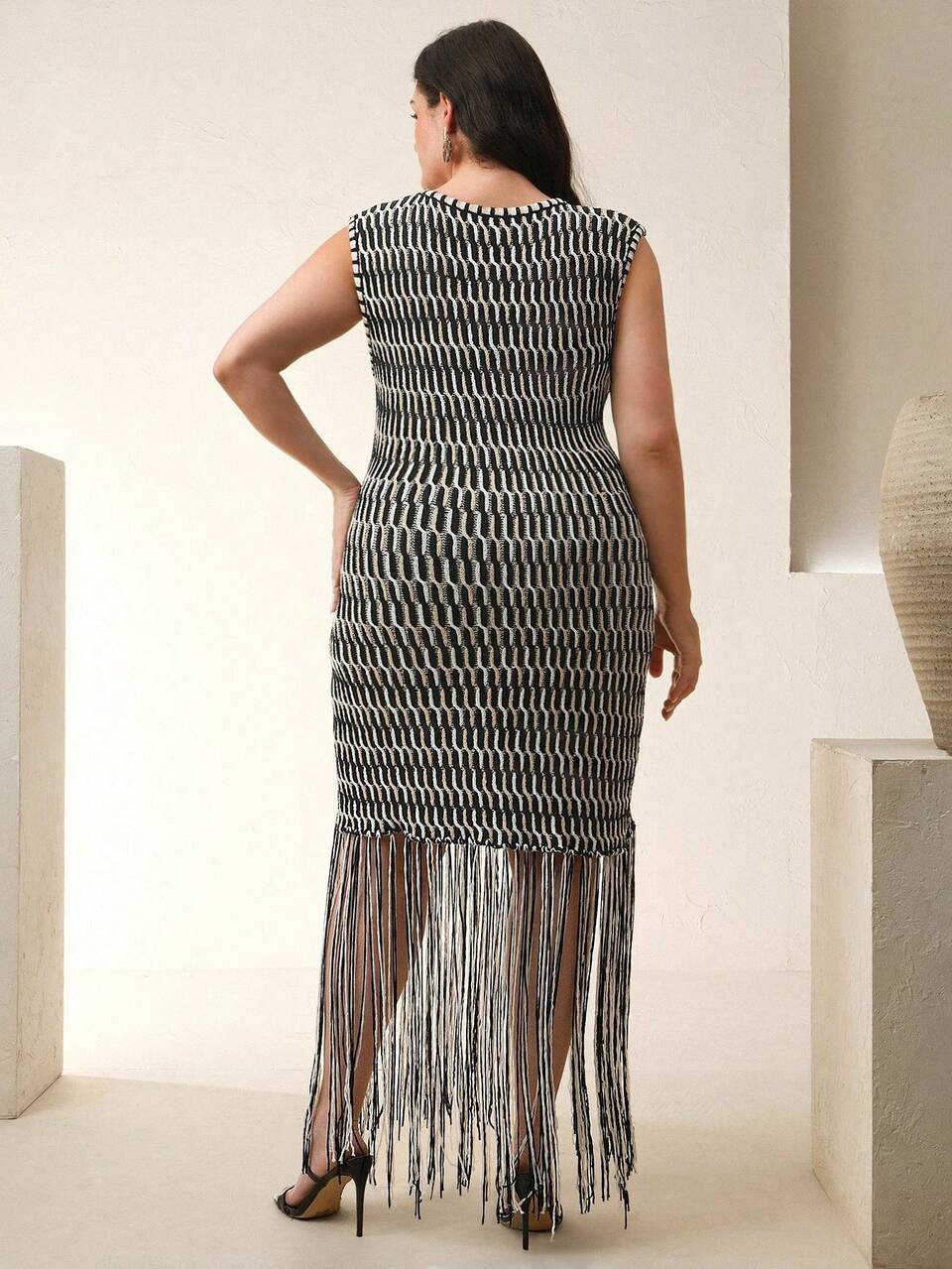 Plus Size Women Summer Stylish Woven Spaghetti Strap Colorblock Tassel Mini Dress Winter Fall Autumn
