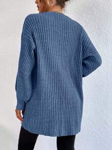 EURMUSE Chaqueta de punto informal de color liso con hombros caídos, para otoño/invierno - Azul Cadete - Ver 2