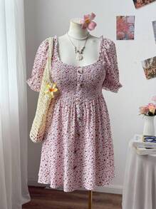 Sweetra Plus Size Square Neck Ruffle Hem Ditsy Floral A-Line Dress