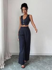 Rafferiza Women Striped Single-Breasted Cropped Vest And Pants Casual 2 Pieces Set - Black - View 4