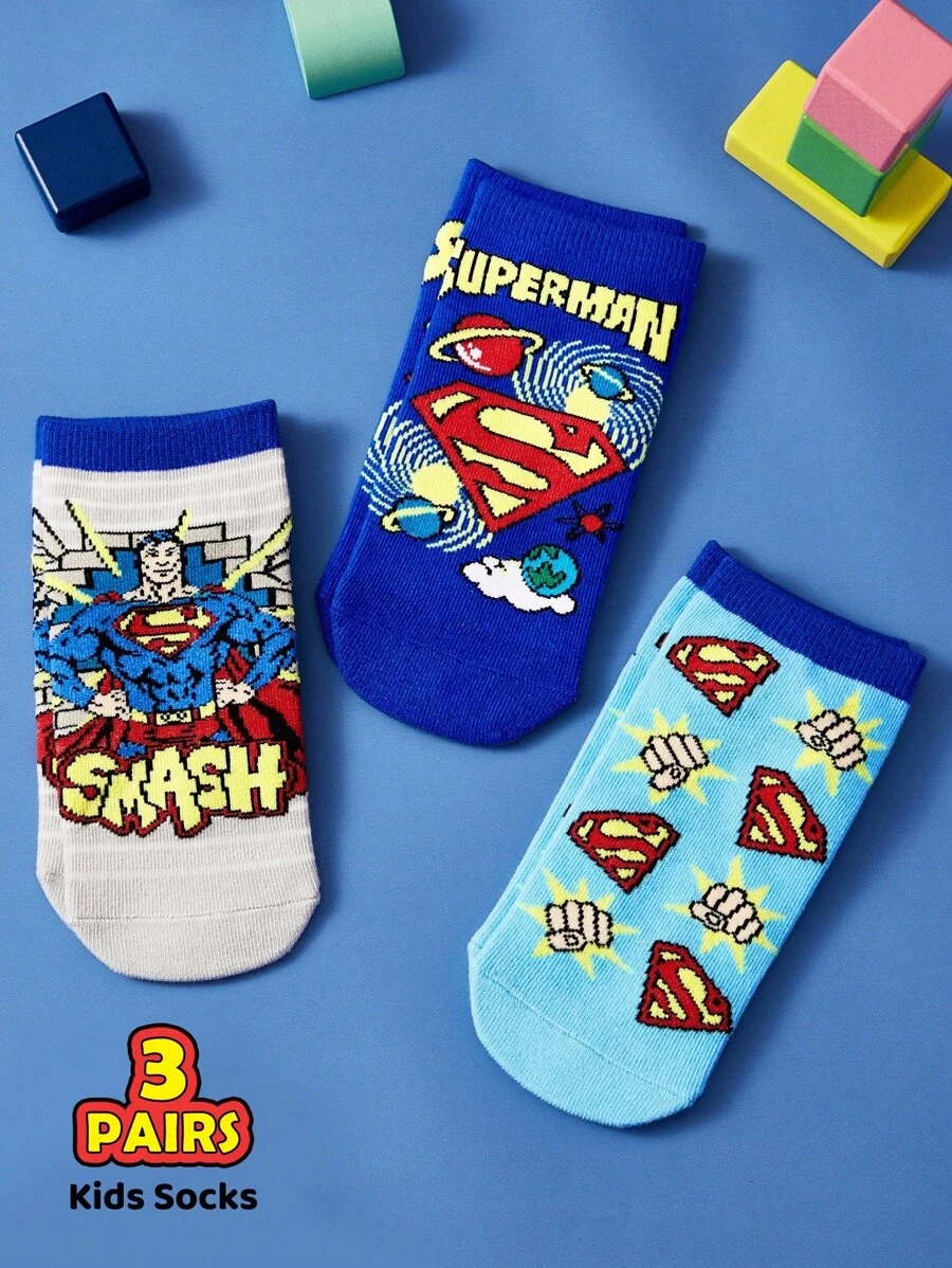 SUPERMAN X SHEIN 3 Pairs Cute Cartoon Striped Pure Cotton Boys/Children Socks, Reinforced Toe & Heel, All Season Wear, Suitable For School & Daily, Blue - Multicolor - View 1