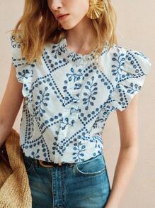 Écloséra 女士优雅镂空刺绣飞袖荷叶边女衬衫