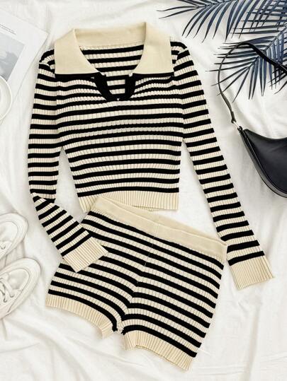 SHEIN Bộ 2 món/Bộ áo len sọc đi nghỉ cho bé gái tuổi teen, áo chui đầu dài tay có cổ và quần short dệt kim