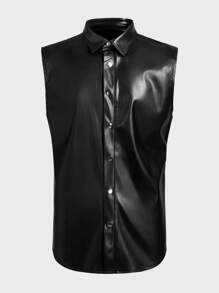 Manfinity BRENVOR Męska modna, uniwersalna, jednokolorowa koszula bez rękawów, męska czarna koszula bez rękawów, męska koszula bez rękawów ze sztucznej skóry, męska czarna koszula bez rękawów zapinana na guziki, męska koszula bez rękawów w stylu gotyckim, męska czarna koszula skórzana bez rękawów