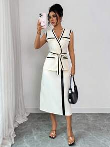 Franclia بدلة صيفية أنيقة للنساء مكونة من سترة ذات لون متباين مع حزام وتنورة، ملابس مناسبة للجامعة - لون مشمشي - مشاهدة 6