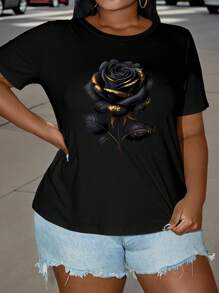 SHEIN LUNE 大码女式黑色和金色玫瑰印花圆领短袖舒适 T 恤