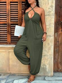EMERY ROSE Plus Size Army Green Textured Fabric V-Neck Pocket Drawstring Jumpsuit,Women's Summer Boho Vacation Holiday Casual Homewear Halter Sleeveless Jumpsuit - Army Green - View 3