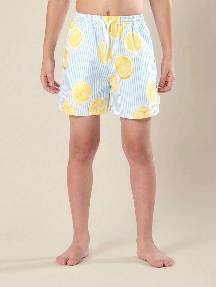 Swim Board Shorts Lemon Print Striped Drawstring