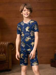 HARRY POTTER X SHEIN Tween Boy Summer 4 School Logo Foil Print Elastic Stripe Tight Pajama Set