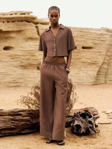 Lumivelle Women's Summer Casual Plain Color Drop Shoulder Loose Short Cropped Shirt