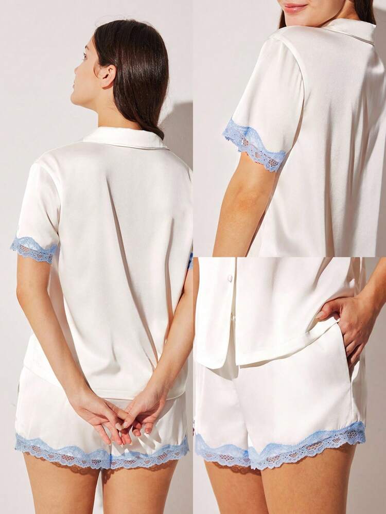 Silky Satin Lace Trim Short-Sleeve Button-Up Top & Shorts Loungewear Pajama Set