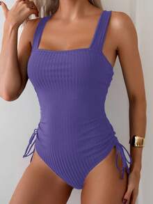 Swim Basics 1pc Women Holiday Solid Color Side Drawstring Ribbed Camisole Swimsuit - Purple - View 4