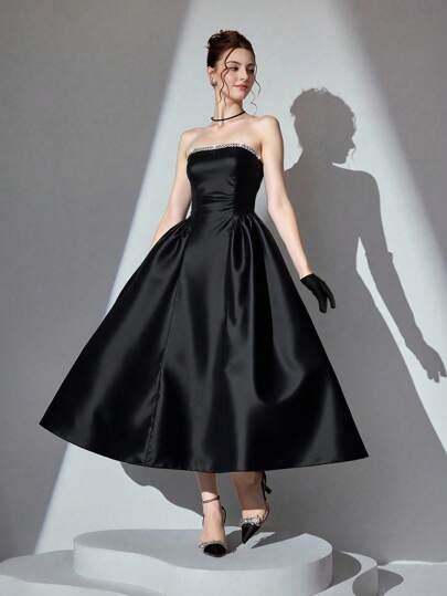 Poshira Vestido formal elegante de mujer con decoración de strass y pliegues sin tirantes (con mucho bordado), vestidos de mujer, ropa de mujer para cumpleaños, vestido casual de mujer, vestido de mujer para cumpleaños, vestido negro de mujer plus, vestido de cintura vendada, vestido de bola de boda