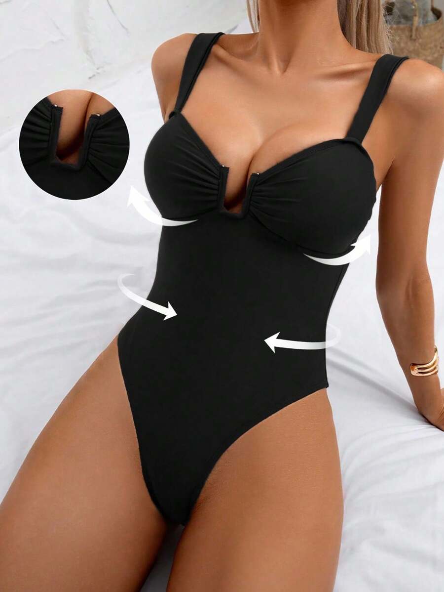 SHEIN Swim 1pc Women's Solid Color Sexy High Cut One-Piece Swimsuit, For Beach & Vacation For Summer