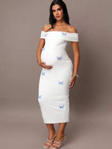 MaterniChic Women White Off Shoulder Flare Sleeve Dress, Blue Bow Dress, Elegant Dress For Fall/Winter, Renaissance Fair Western Dress, Homecoming, Cute Tops, Beach, Party, Brunch Women Outfit, 90s Outfit, Cottage Core, Korean Fashion, Long Sleeve Cute Dress, Maternity Dress  Fall Women Clothes Baby Shower Modest Dresses For Women All White Party Outfit Women