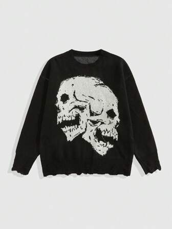 Goth Maglione casual a girocollo con maniche lunghe, grafica scheletro consumato, adatto per Ognissanti