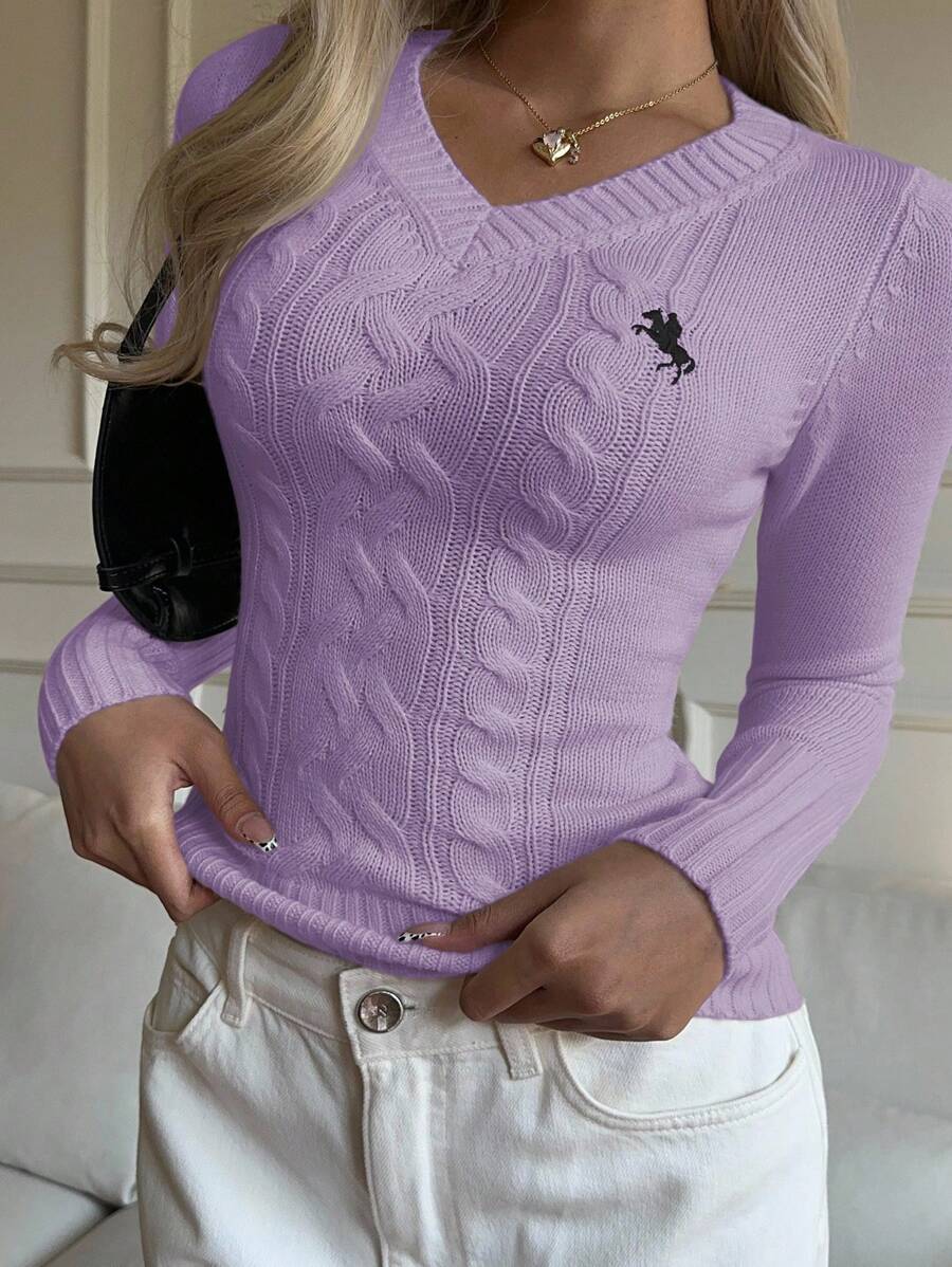 SHEIN EZwear 女士休闲V领长袖修身骑士图案毛衣