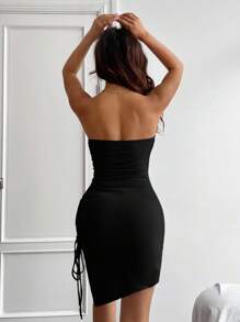 SHEIN EZwear Women's Fashionable Summer Black Knit Drawstring Strapless Dress - Black - View 2