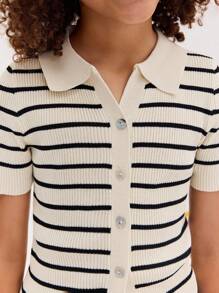 Tween 女童休闲条纹纽扣短袖针织上衣 - 黑與白 - 查看 4