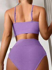 Swim Basics 2件套女士休闲纯色细肩带比基尼上衣和高腰内裤套装 - 紫羅蘭色 - 查看 2
