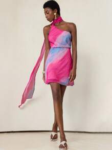 Aveloria Modichic Váy ngắn bó hở lưng hở lưng không đối xứng họa tiết tie-dye cầu vồng Dopamine phong cách câu lạc bộ gợi cảm theo phong cách châu Âu và Mỹ mới cho nữ - Hồng - Xem 3