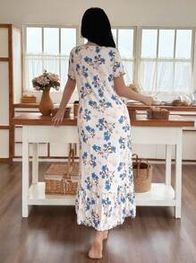 SHEIN 花卉印花荷叶边针织圆领女式睡袍花裙女式夏季连衣裙女式休闲连衣裙女式花裙蓝色花裙 - 彩色 - 查看 2