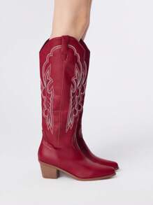 ROMWE Fairycore 女士一脚蹬西式刺绣靴，酒红色皮革鞋面，时尚及膝靴，春秋新品 - 酒紅色 - 查看 5