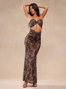 Y2Kool Maria Clara Maia Vestido largo de tubo con estampado de encaje y diseño retorcido, adecuado para festivales de música y reuniones de verano, atuendo de concierto country, ropa occidental para mujeres, atuendos de club para mujeres, vestido sexy para salir, ropa urbana para mujeres, estilo grunge punk y Y2K, ropa de vuelta al colegio para mujeres