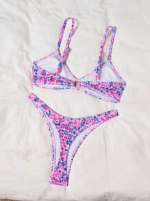 Swim Mod 2pcs/Set Women Beach Vacation Cute Sexy Multi-Color Random Print Spaghetti Strap Bandeau Top And Cute Bandeau Shorts Bikini For Summer