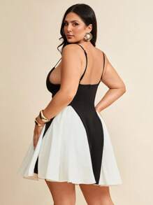 SHEIN BAE Plus Size Women's Elegant Black & White Flared Cami Midi Dress,Suitable For Spring And Summer,4th Of July Women,Y2k Clothes Women,Back To School Girls Clothes,Girls Summer Outfits,Fall Clothes,School Clothes,Halloween,Winter,Y2k Clothes ,Vintage,Vacation Outfits Woman,Plus Size Women Clothes,Summer Dresses For Women,4th Of July Women