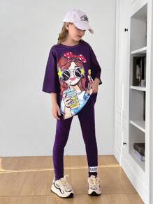 SHEIN Set 2 bucăți Tween Girl: tricou cu mânecă scurtă și pantaloni cu mânecă scurtă, cu imprimeu de portrete, cu decor largi - Violet - Vizualizare 6