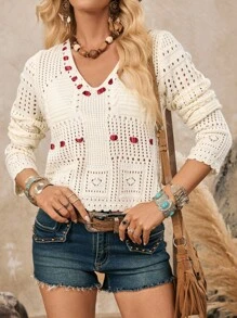 LanaWest Women's Solid Color V-Neck Waist Tied Boho Elegant Sweater Knit Pullover Fall Winter - Apricot - View 3