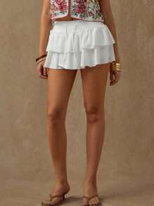 Glamine Women 2pcs/Set Casual Girl Daily Ruffled Hem Drawstring Waist Skirt Ruffled Skirts Tiered Skirts Summer Skirts Ruffled Shorts