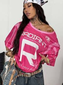 Coolane 女士夏季音乐会狂欢节外出文艺复兴博览会俱乐部街头服饰 Y2K 图案粉色平纹针织 T 恤 - 粉色 - 查看 4