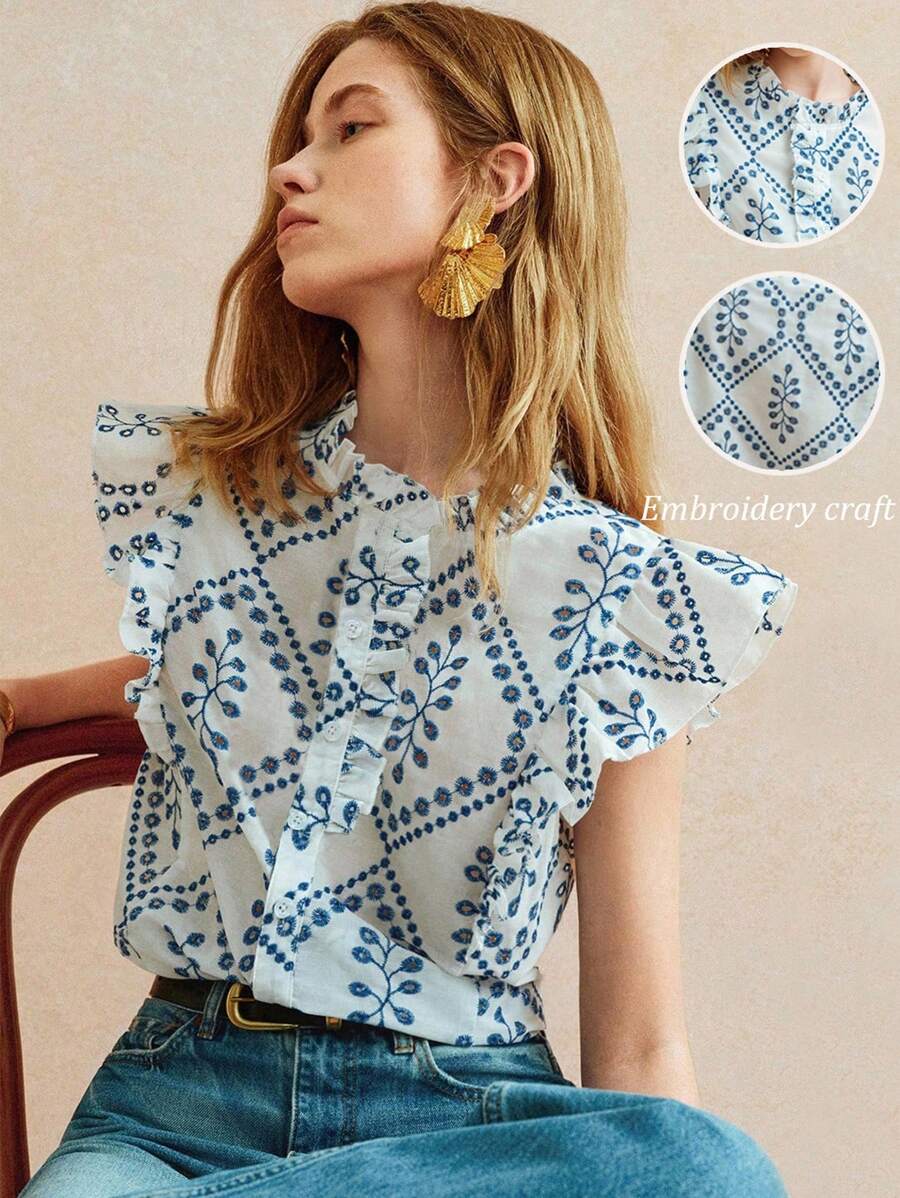 Écloséra 女士优雅镂空刺绣飞袖荷叶边女衬衫